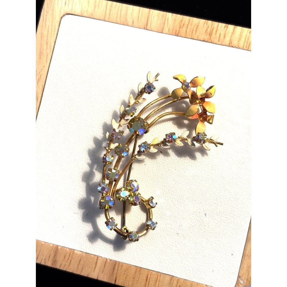 signed AUSTRIA Vintage Gold-Tone Aurora Borealis Crystal Floral Brooch Pin